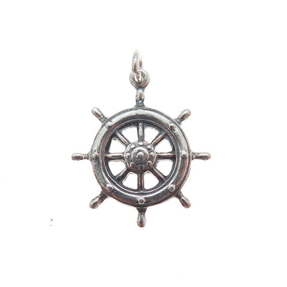 925 Sterling Silver Vintage Ship Wheel Oxidized Minimalist Charm Pendant