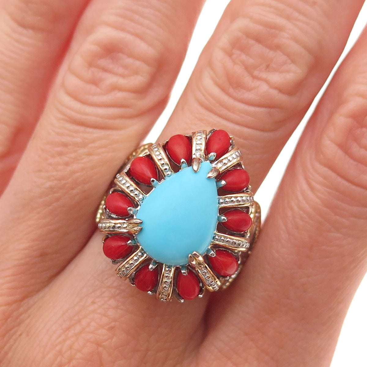 Michael Valitutti Gems En Vogue 925 Sterling Real Turquoise Coral Ring Size 8.25