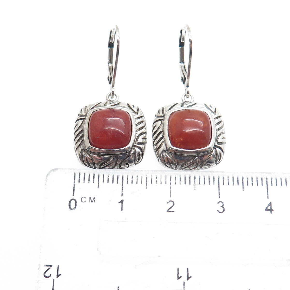 ROSS SIMONS 925 Sterling Silver Vintage Real Red Jade Cushion Dangle Earrings