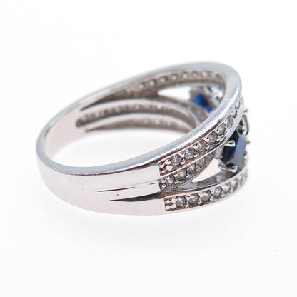 925 Sterling Silver Princess-Cut Lab-Created Sapphire & C Z Ring Size 6.25
