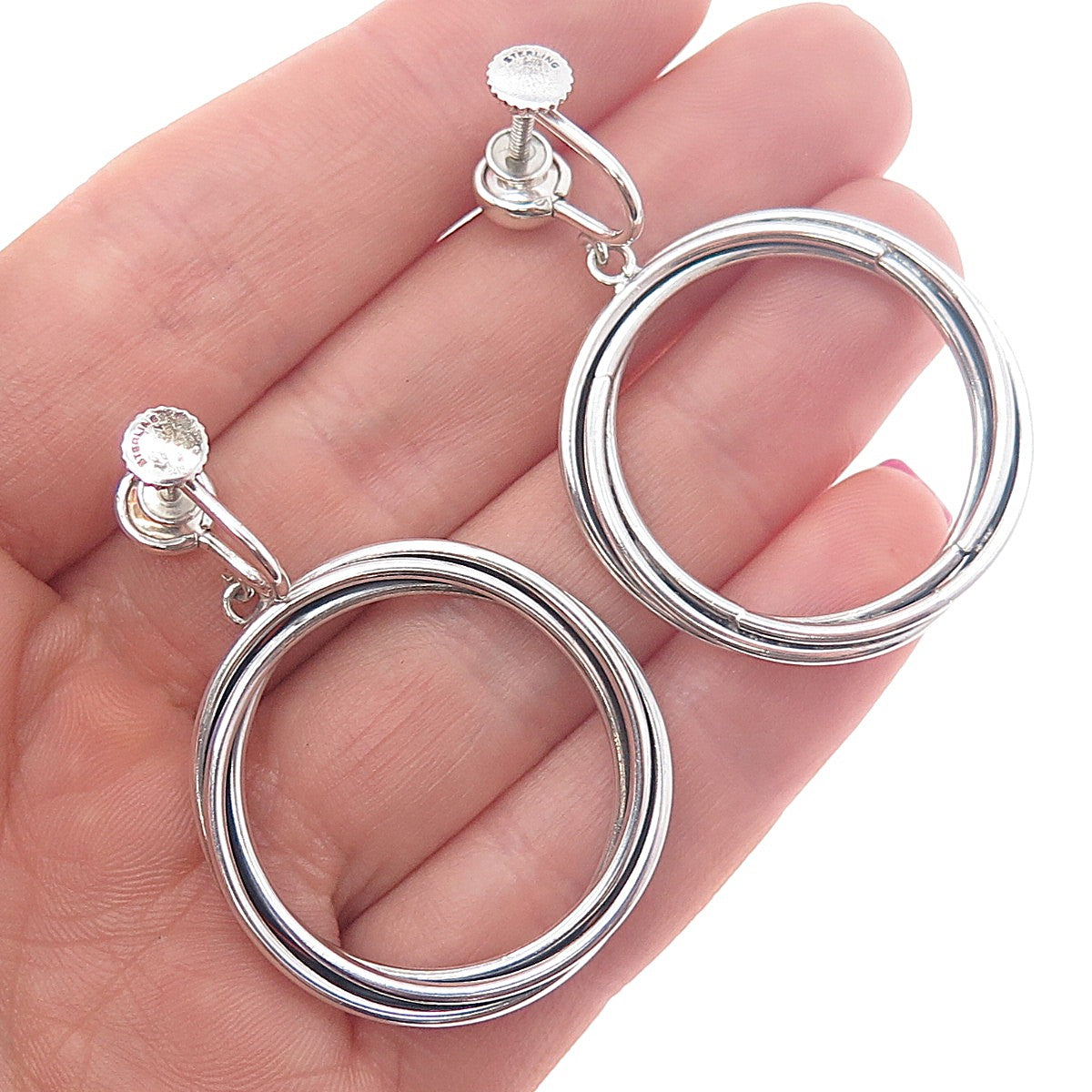 925 Sterling Silver Vintage Modernist Trinity Circle Dangle Screw Back Earrings