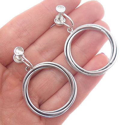 925 Sterling Silver Vintage Modernist Trinity Circle Dangle Screw Back Earrings