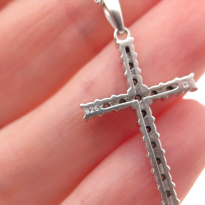 925 Sterling Silver Real Round-Cut Diamond Cross Box Chain Necklace 18"