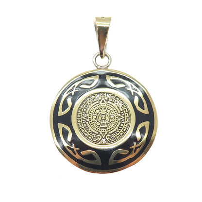 925 Sterling Silver Gold Plated Vintage Enamel Mayan Calendar Charm Pendant