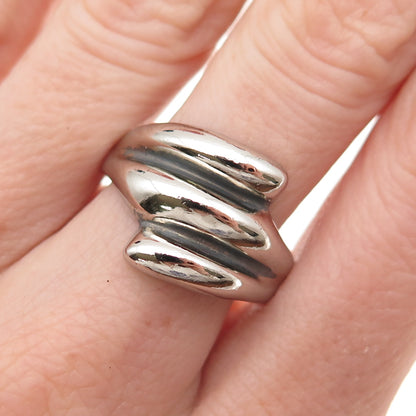 925 Sterling Silver Vintage Modernist Ribbed Bypass Oxidized Ring Size 9.25