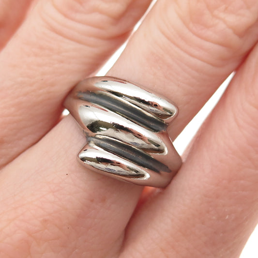 925 Sterling Silver Vintage Modernist Ribbed Bypass Oxidized Ring Size 9.25