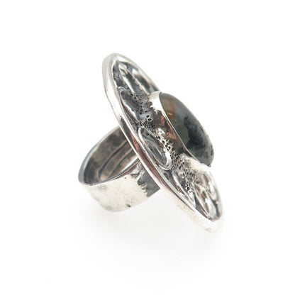 925 Sterling Silver Vintage Real Moss Agate Oxidized Statement Ring Size 5.75