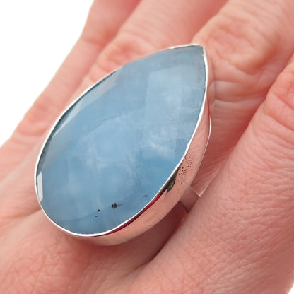925 Sterling Silver Vintage Real Pear-Cut Aquamarine Statement Ring Size 8.75
