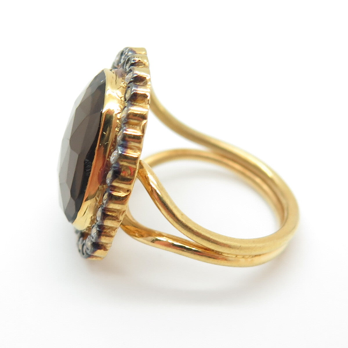 925 Sterling Silver Gold Plated Vintage Real Smoky Quartz & C Z Ring Size 6.5
