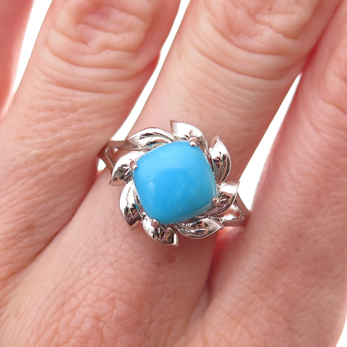 925 Sterling Silver Real Sleeping Beauty Turquoise Flower Ring Size 8