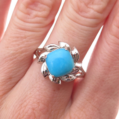925 Sterling Silver Real Sleeping Beauty Turquoise Flower Ring Size 8