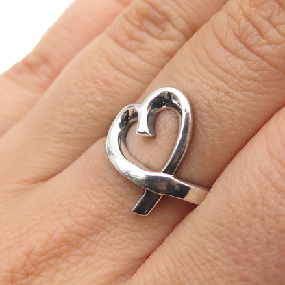 925 Sterling Silver Vintage Modernist Loving Heart Oxidized Ring Size 7.25