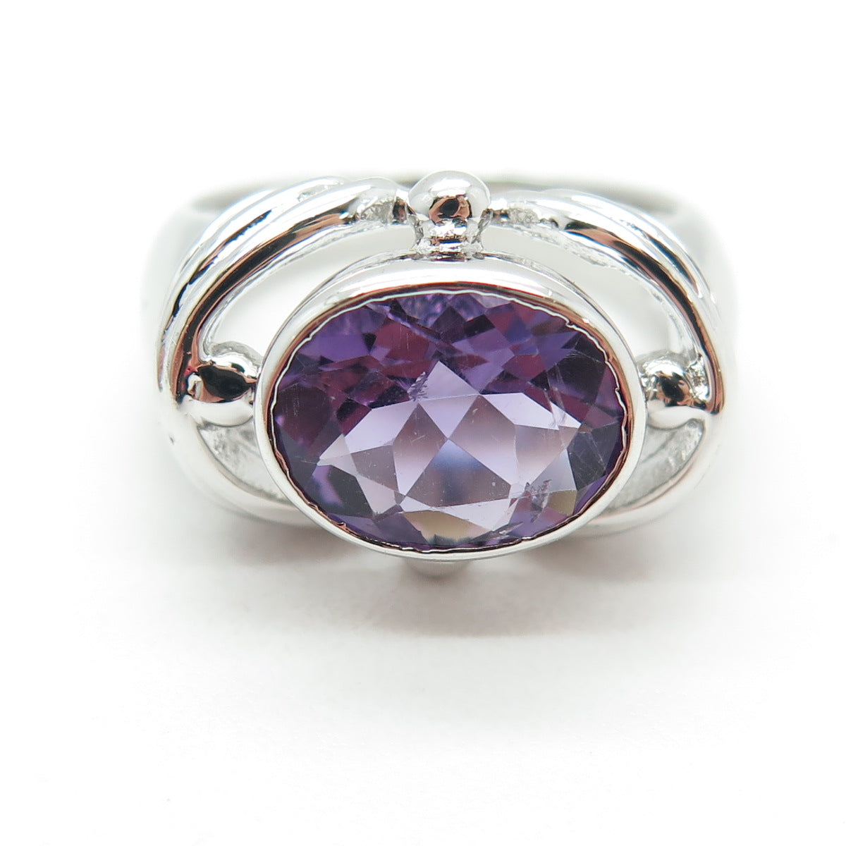 925 Sterling Silver Real Oval-Cut Amethyst Modernist Ring Size 7.75