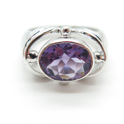 925 Sterling Silver Real Oval-Cut Amethyst Modernist Ring Size 7.75