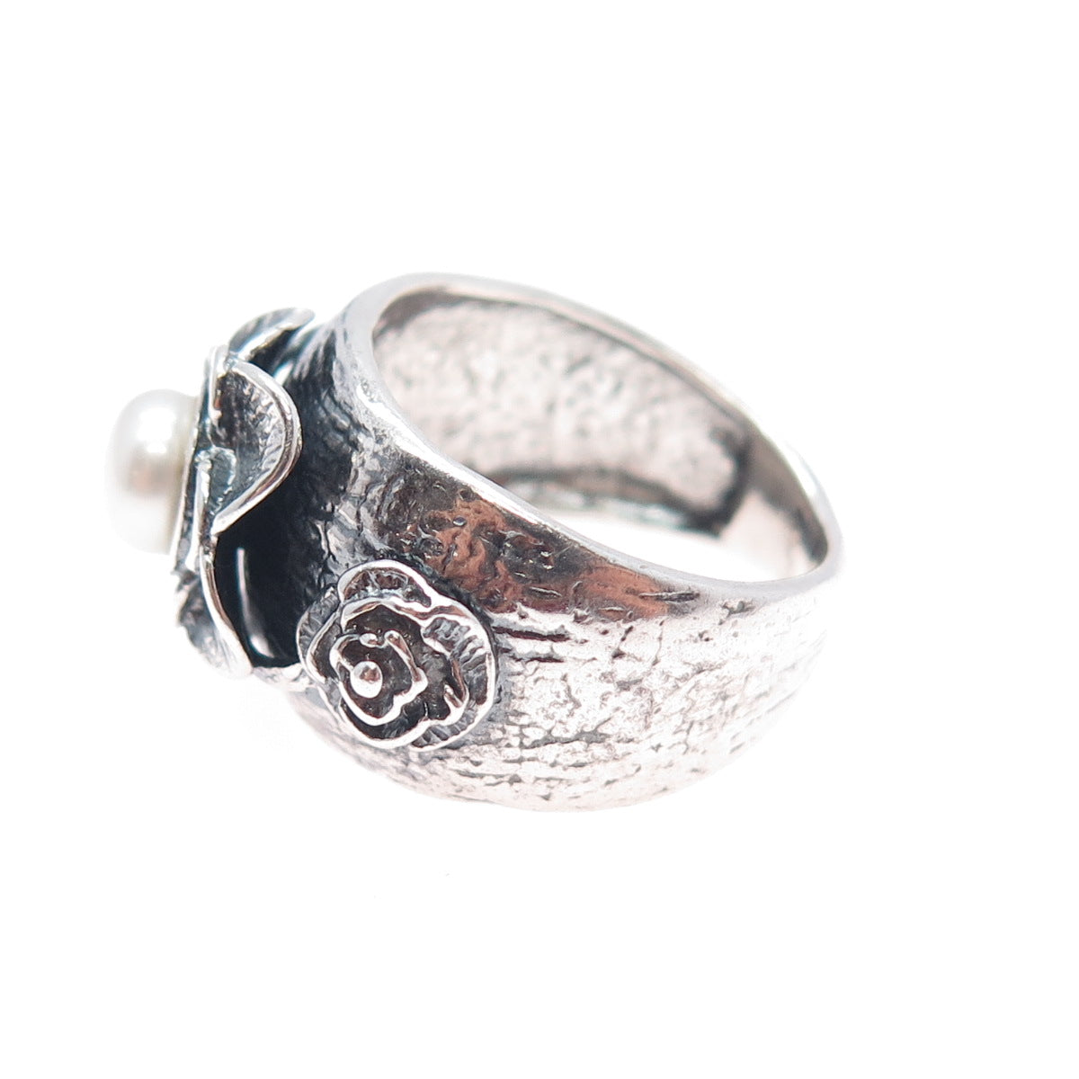 REGINA LANE 925 Sterling Silver Vintage Israel Real Pearl Flower Ring Size 7.5