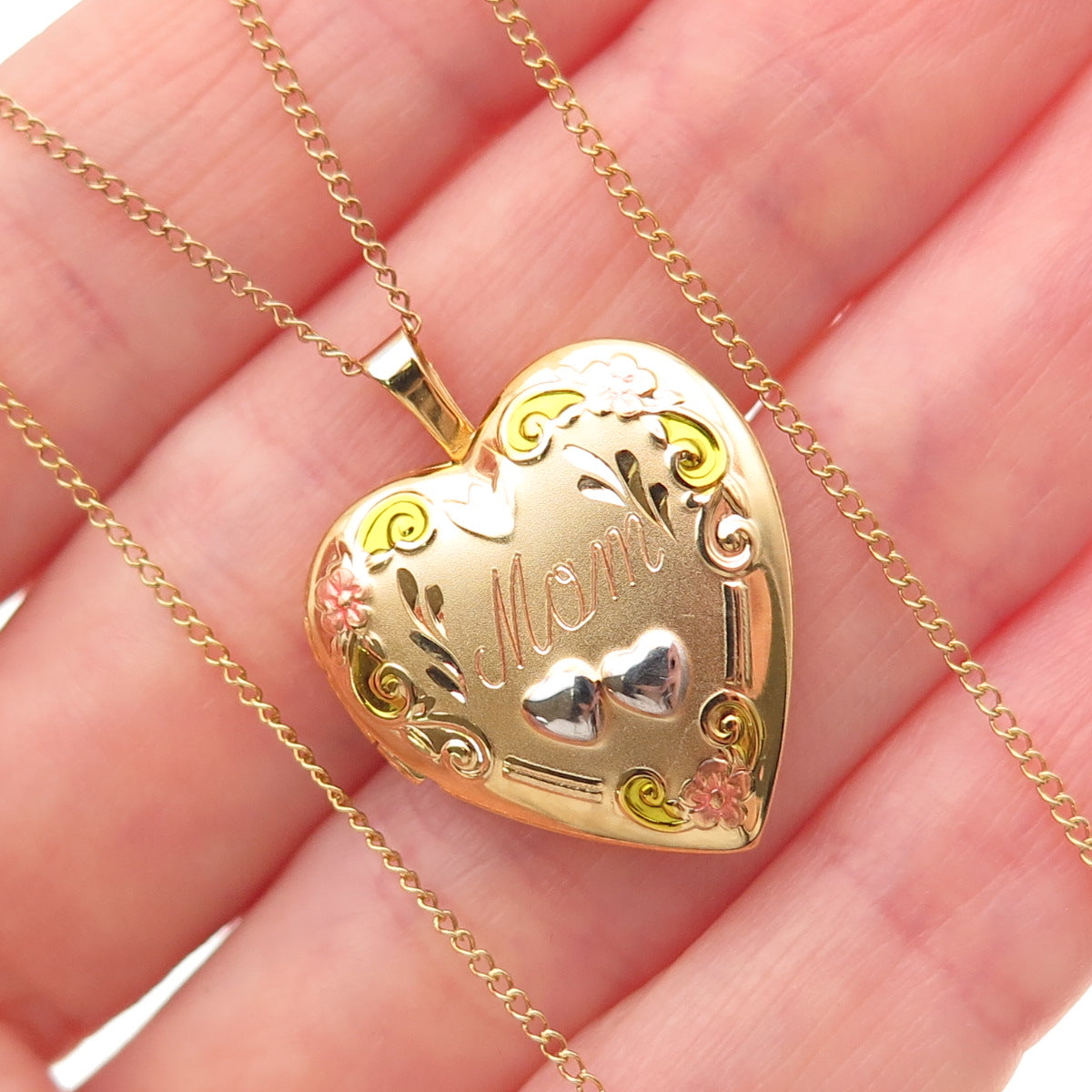 Tru-Kay Sterling Silver Gold Plated Enamel Mom Heart Locket Chain Necklace 18"