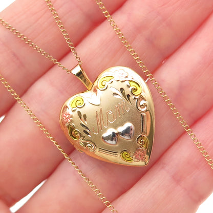Tru-Kay Sterling Silver Gold Plated Enamel Mom Heart Locket Chain Necklace 18"