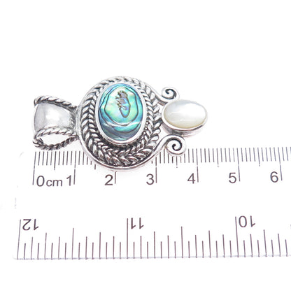 925 Sterling Silver Vintage Real Abalone Shell & MOP Oxidized Pendant