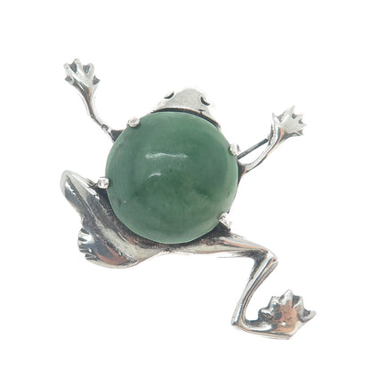 925 Sterling Silver Vintage Mexico Real Aventurine Frog Oxidized Pin Brooch