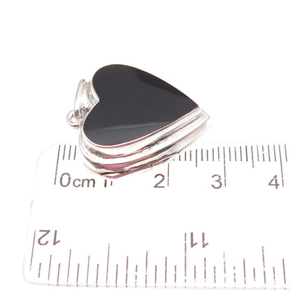 925 Sterling Silver Vintage Real Black Onyx Heart Locket Charm Pendant