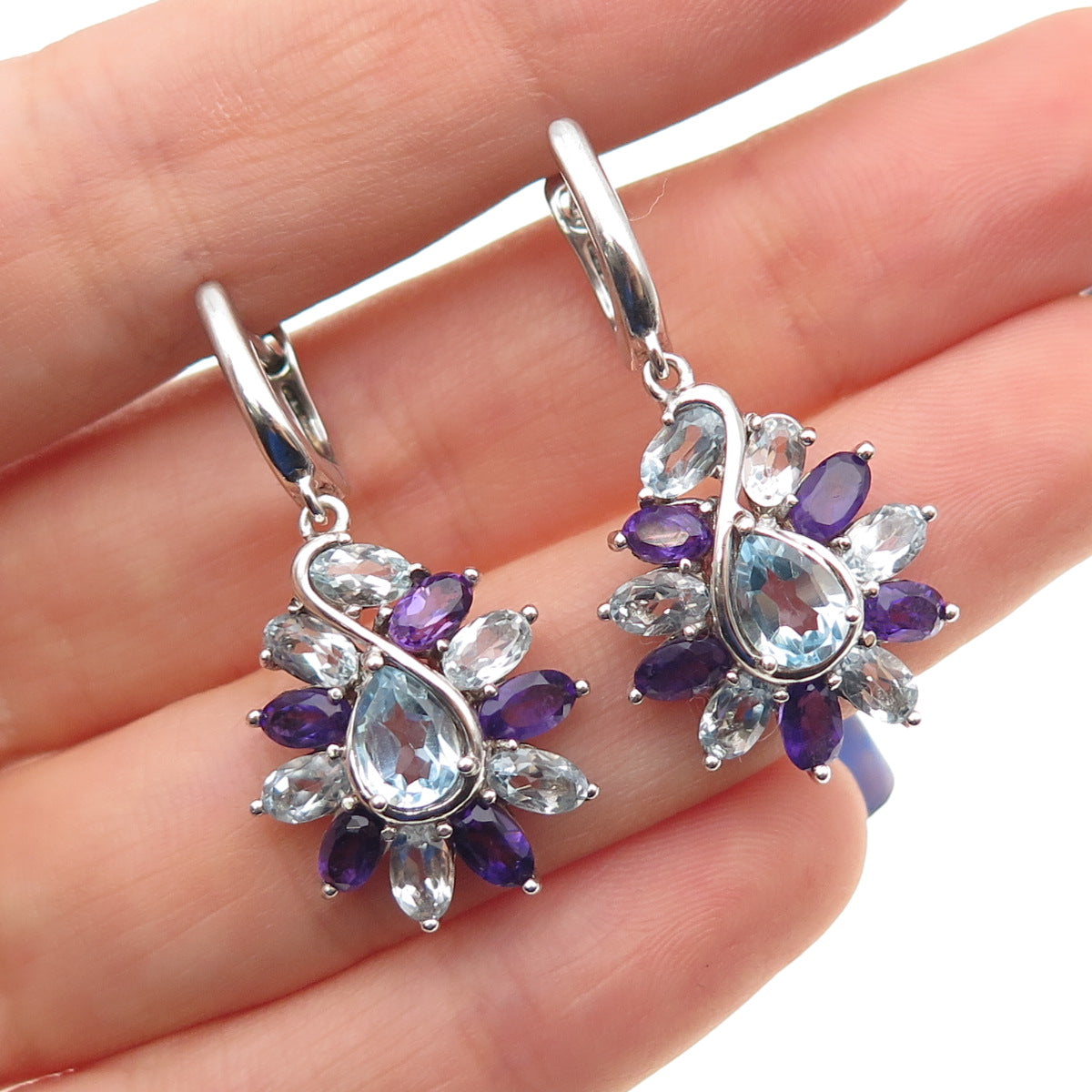 925 Sterling Silver Vintage Real Amethyst & Blue Topaz Dangle Earrings