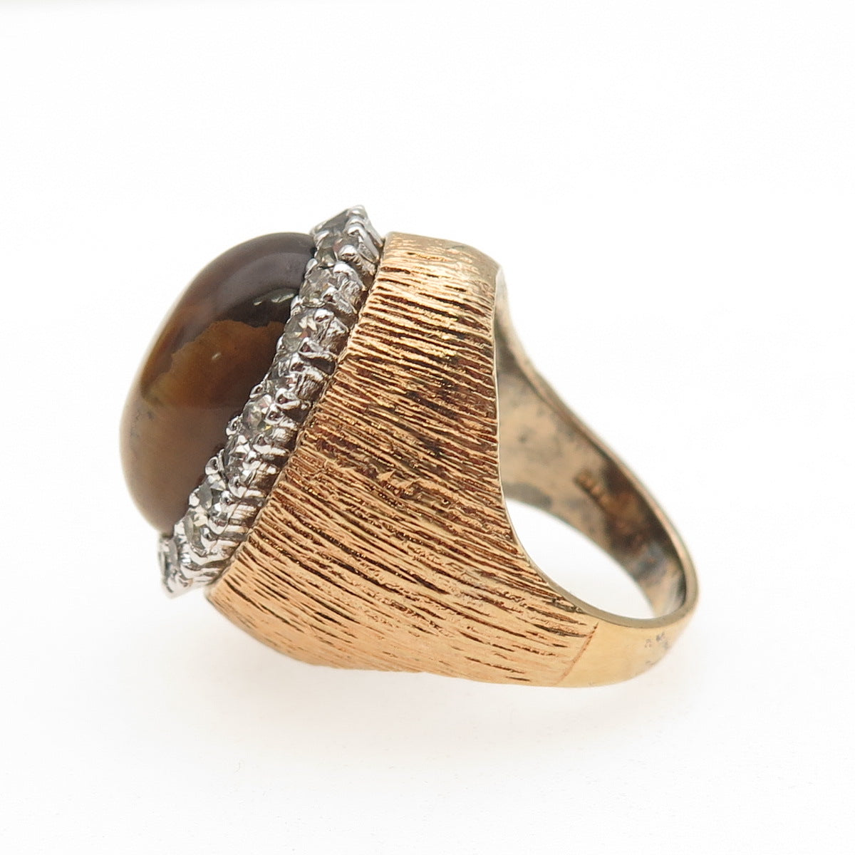 PANETTA Sterling Gold Plated Vintage Real Tiger Eye & Rhinestone Ring Size 6.25