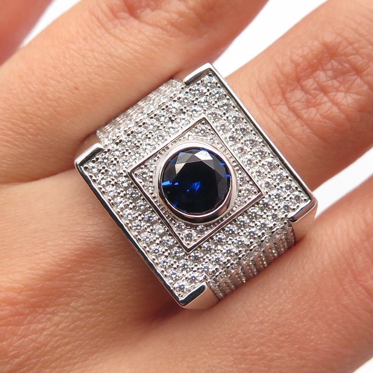 925 Sterling Silver White & Blue C Z Wide Men's Ring Size 11