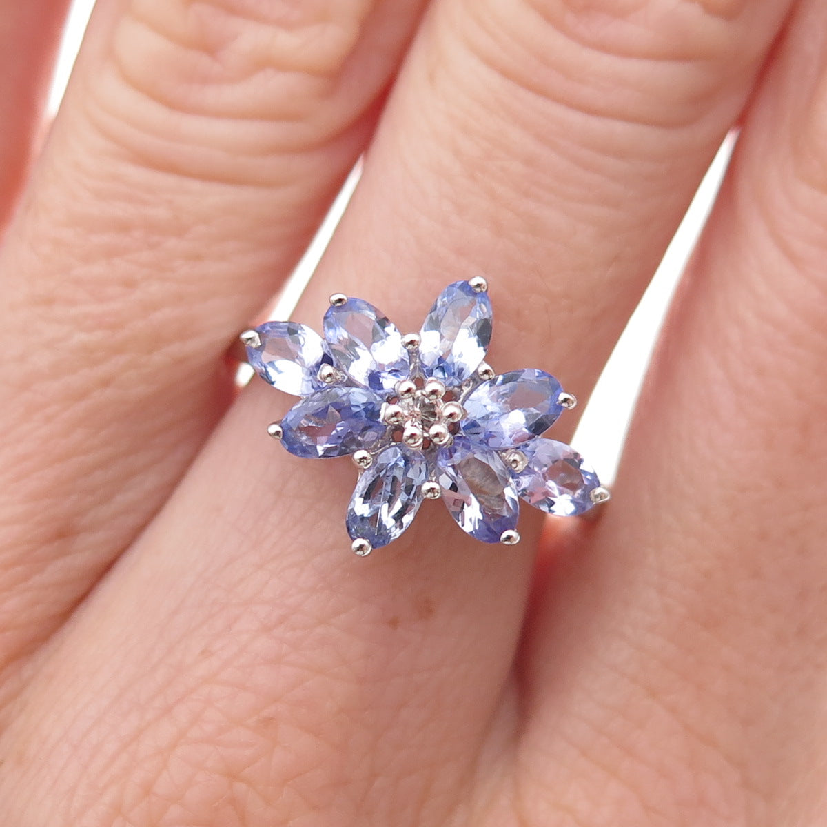 925 Sterling Silver Real Tanzanite & White Topaz Floral Ring Size 8