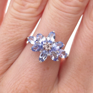 925 Sterling Silver Real Tanzanite & White Topaz Floral Ring Size 8