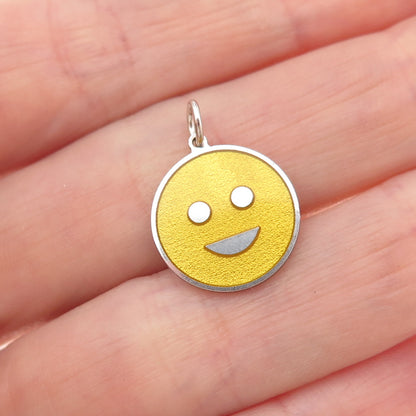 925 Sterling Silver Yellow Enamel Smile Face Emoji Tag Charm Pendant