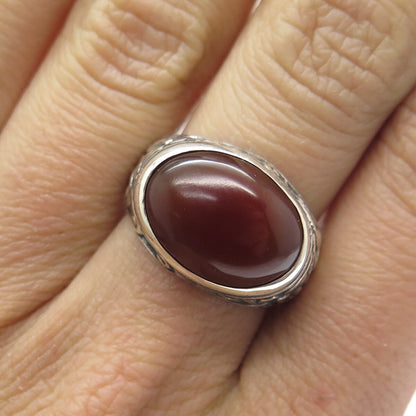 925 Sterling Silver Vintage Real Carnelian Flower Oxidized Ring Size 7