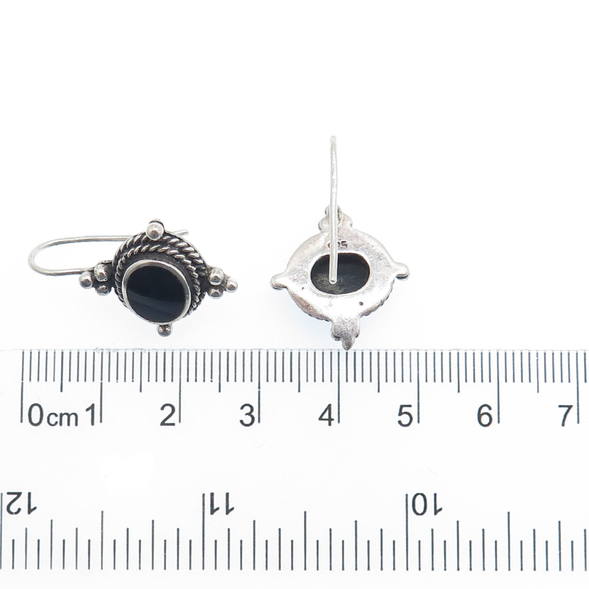 925 Sterling Silver Vintage Real Black Onyx Beaded Oxidized Earrings