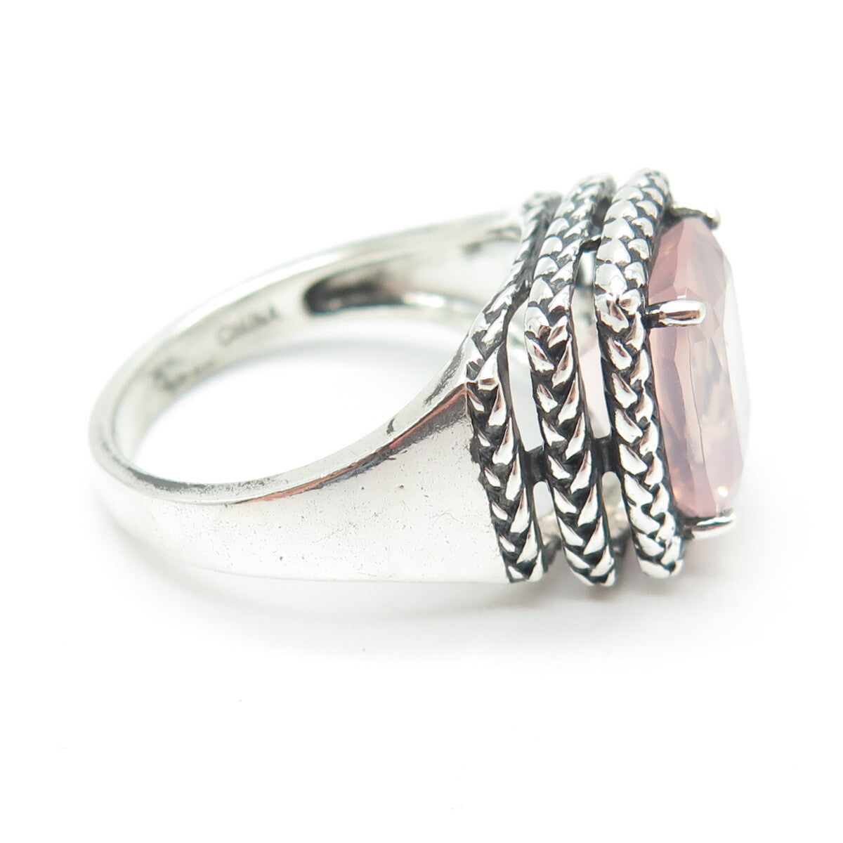 MICHELLE ALBALA 925 Sterling Silver Vintage Rose Quartz Wicker Ring Size 10