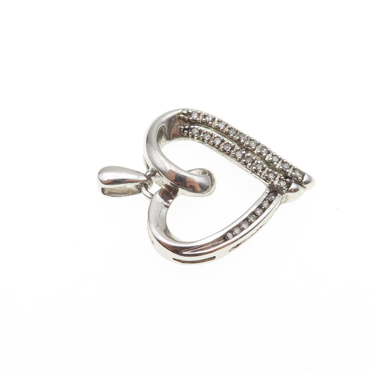 925 Sterling Silver Real Round-Cut Diamond Heart Charm Pendant