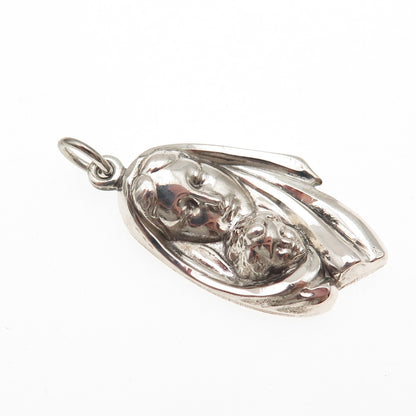925 Sterling Silver Vintage St. Mary & Jesus Oxidized Charm Pendant