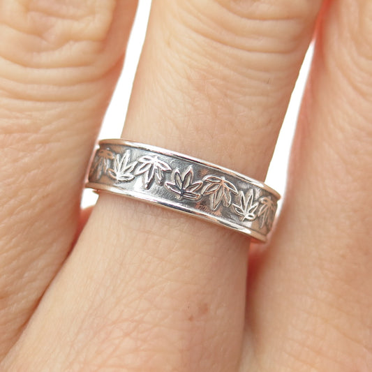 925 Sterling Silver Vintage Mexico Cannabis Leaf Oxidized Band Ring Size 7.75