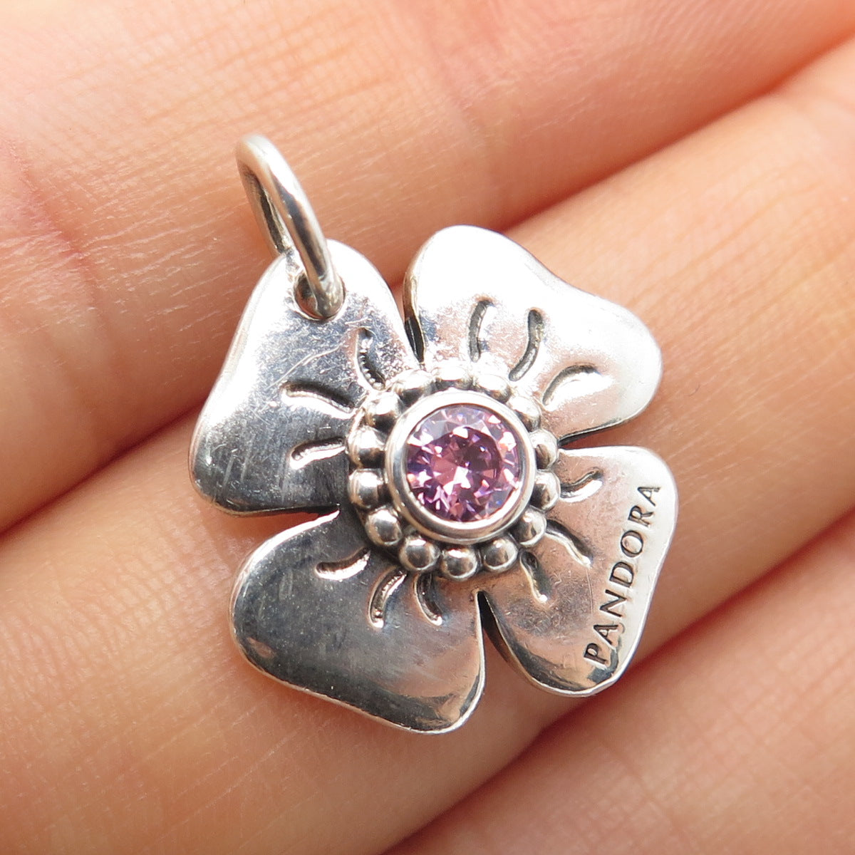 PANDORA 925 Sterling Silver Round-Cut Pink C Z Flower Charm Pendant