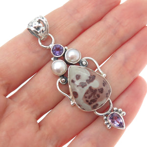 925 Sterling Silver Vintage Real Pearl Amethyst & Jasper Modernist Pendant
