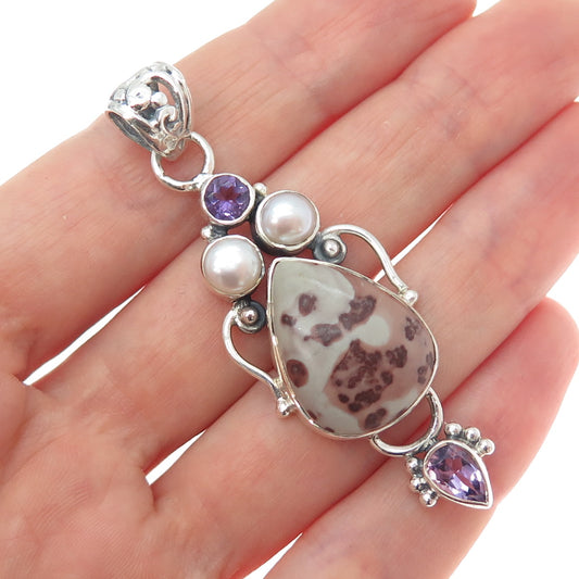 925 Sterling Silver Vintage Real Pearl Amethyst & Jasper Modernist Pendant