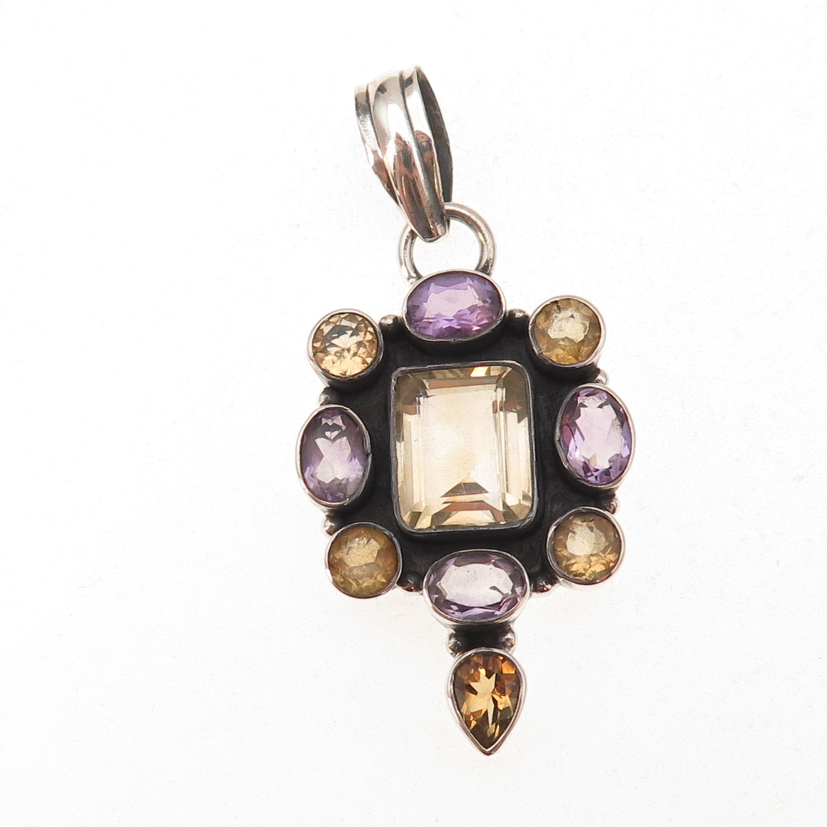 925 Sterling Silver Vintage Real Amethyst & Citrine Oxidized Pendant