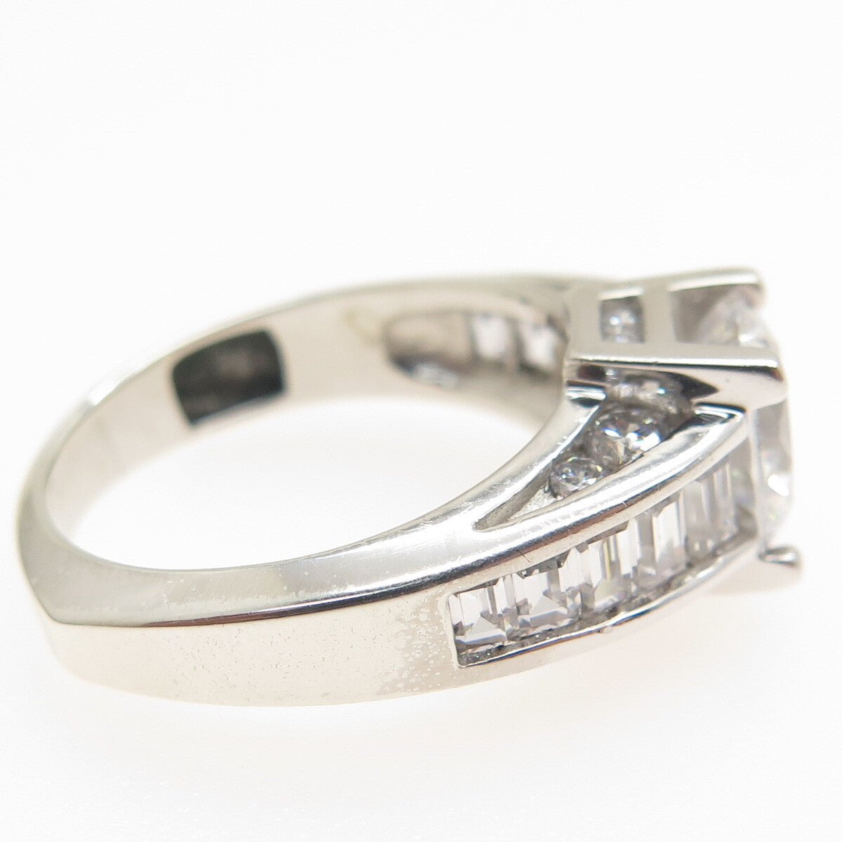 925 Sterling Silver Round & Emerald-Cut C Z Engagement Ring Size 7