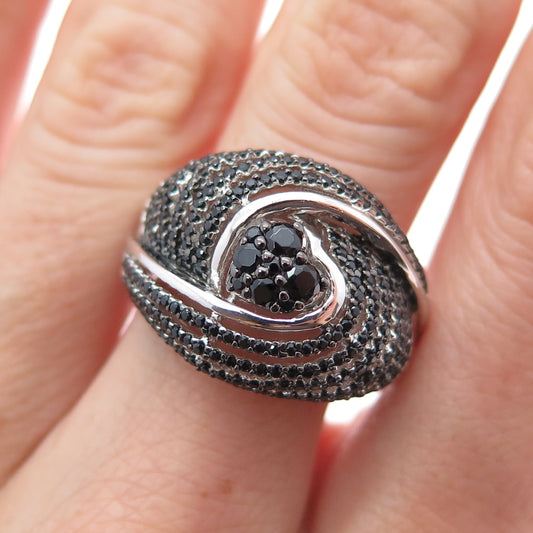 925 Sterling Silver Real Round-Cut Black Spinel Heart Dome Ring Size 8.25