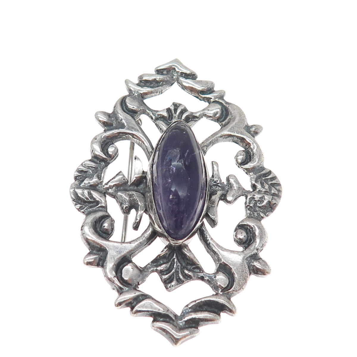 925 Sterling Silver Antique Mexico Real Amethyst Floral Oxidized Pin Brooch