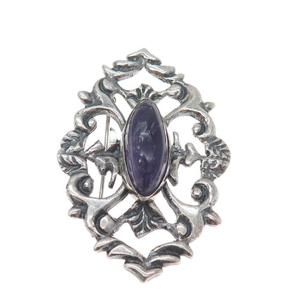 925 Sterling Silver Antique Mexico Real Amethyst Floral Oxidized Pin Brooch