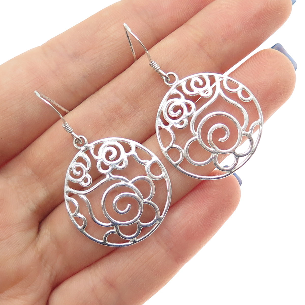 925 Sterling Silver Vintage Ornate Rose Flower Dangle Earrings