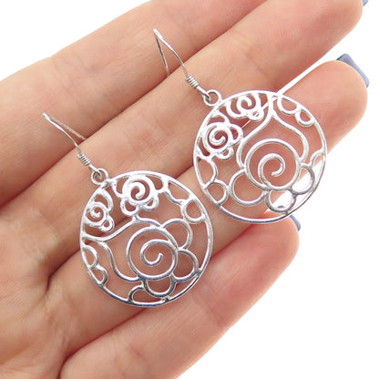 925 Sterling Silver Vintage Ornate Rose Flower Dangle Earrings