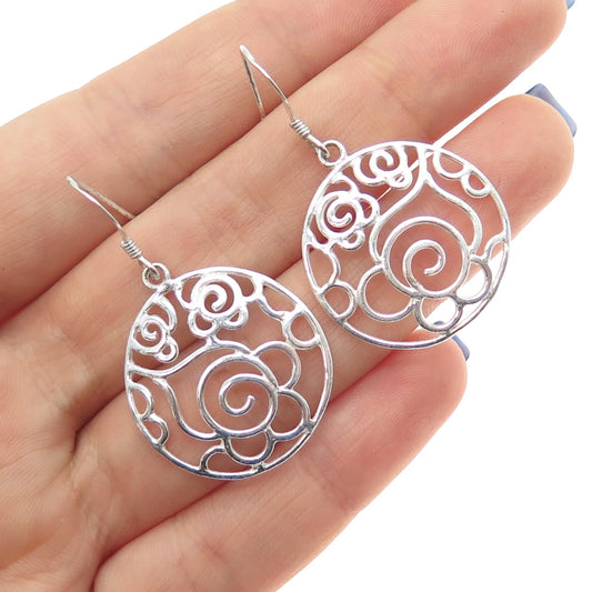 925 Sterling Silver Vintage Ornate Rose Flower Dangle Earrings
