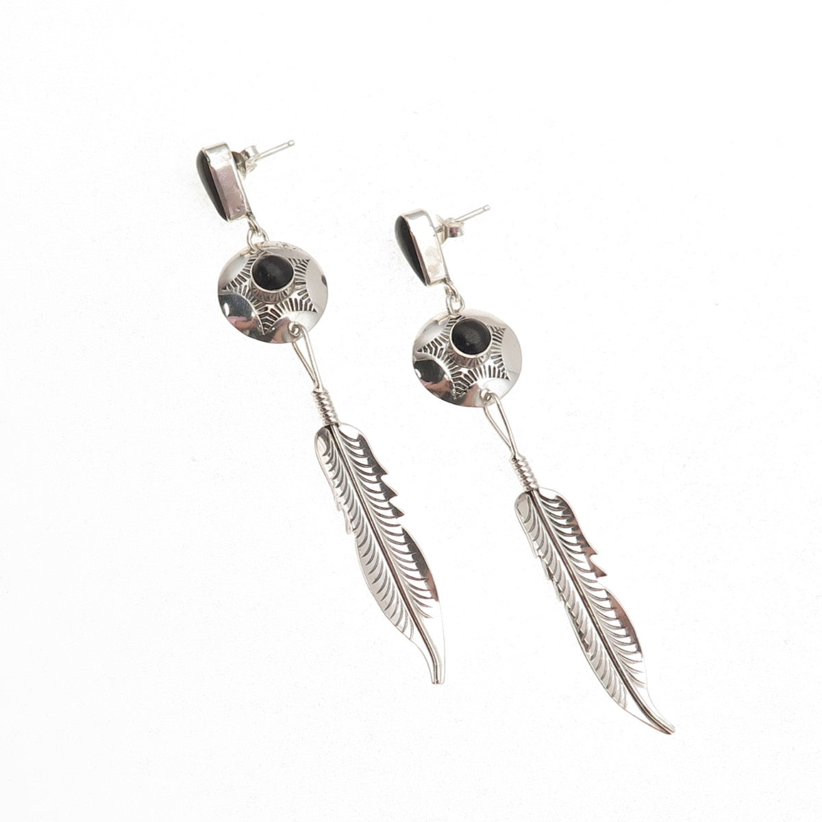 Old Pawn 925 Sterling Silver Vintage Black Onyx Concho Feather Dangle Earrings