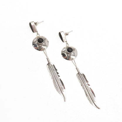 Old Pawn 925 Sterling Silver Vintage Black Onyx Concho Feather Dangle Earrings