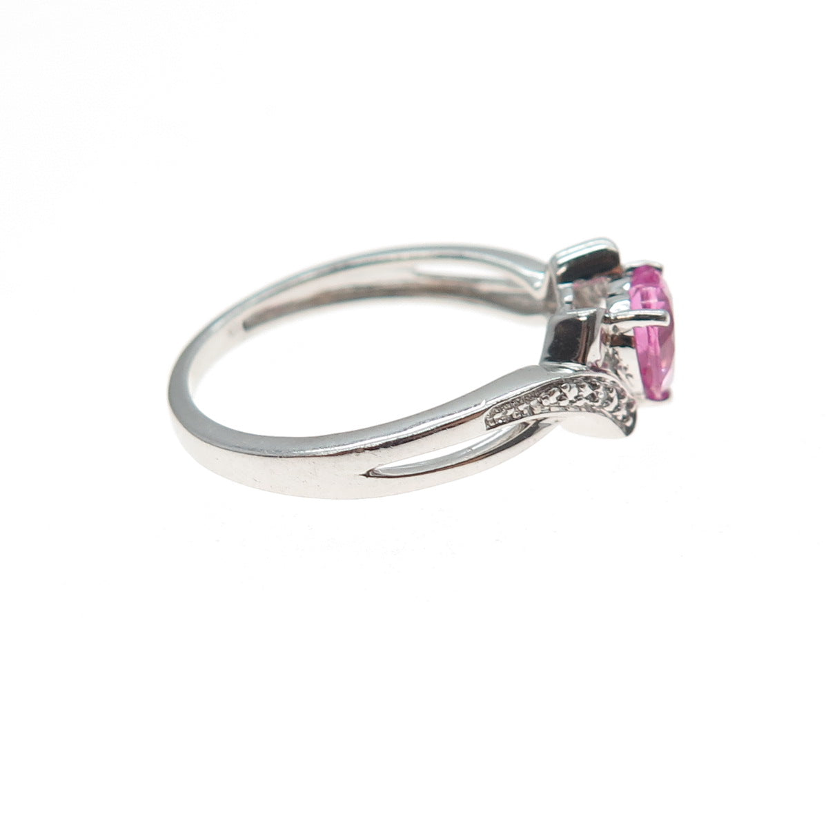 925 Sterling Silver Real Heart-Cut Pink Topaz & C Z Ring Size 7